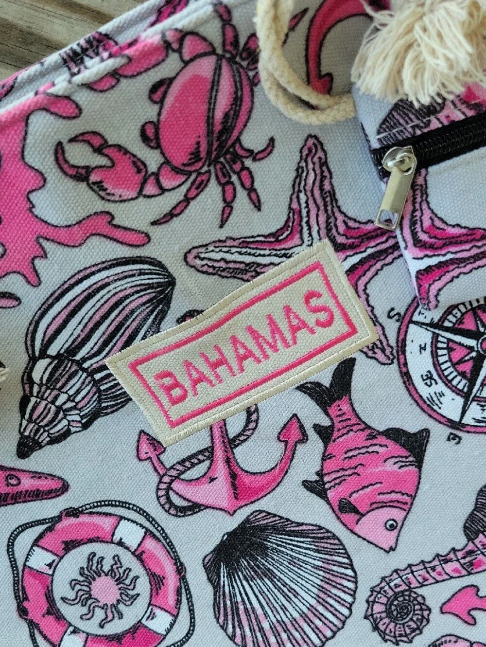 Bahamas Pink Nautical Large Canvas Tote with Rope Handles